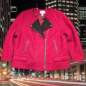 Roaman's 26W Red Wool Blend Moto Jacket Boucle Zip Plus‎ Size Coat